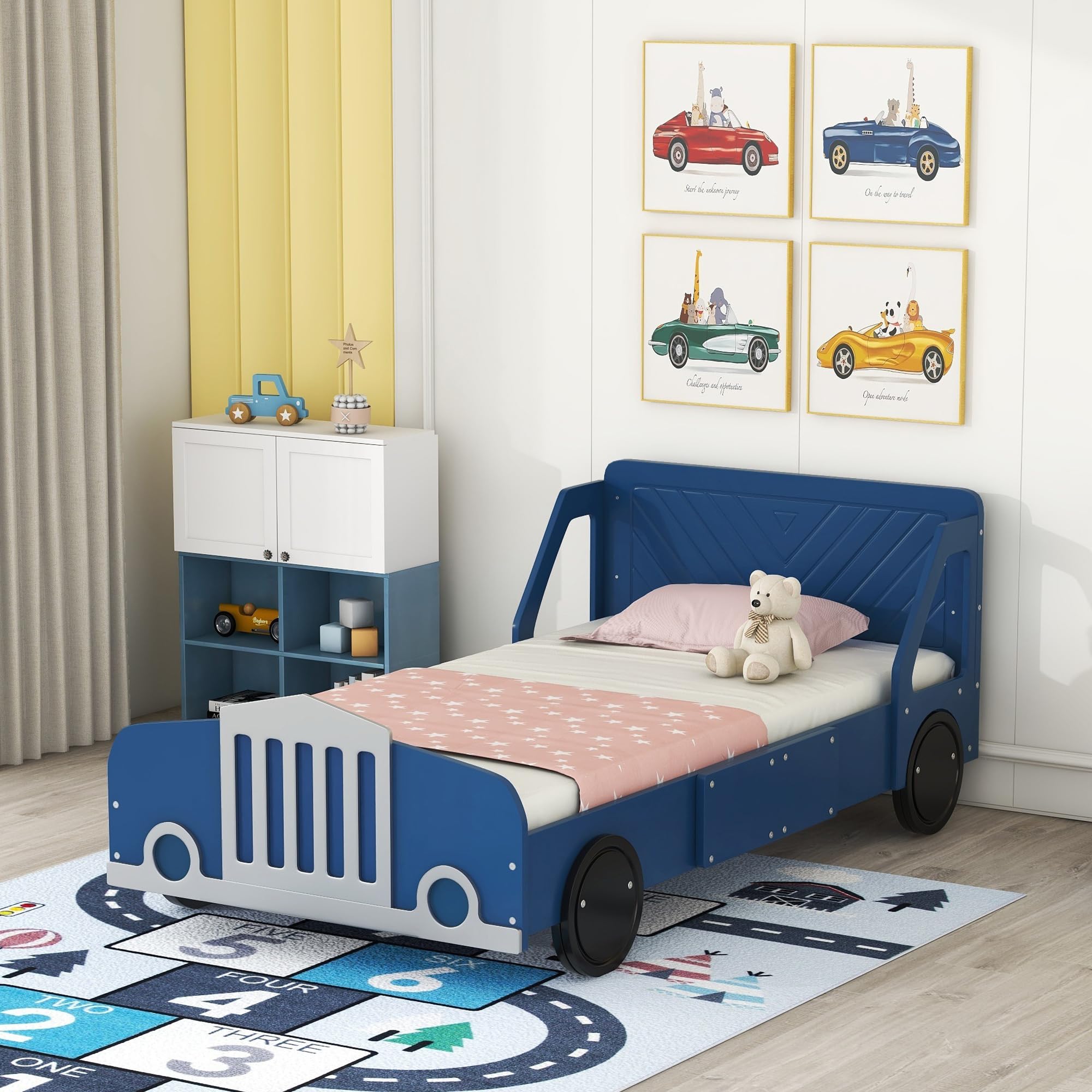 Acosure Twin Size Car-Shaped Platform Bed with Wheels,Automotive Design Bed Frame W/Rails on Both Sides Beside Headboard,Footboard,Slat Support,Easy Installation,for Kids Boys Girls Teens,Blue