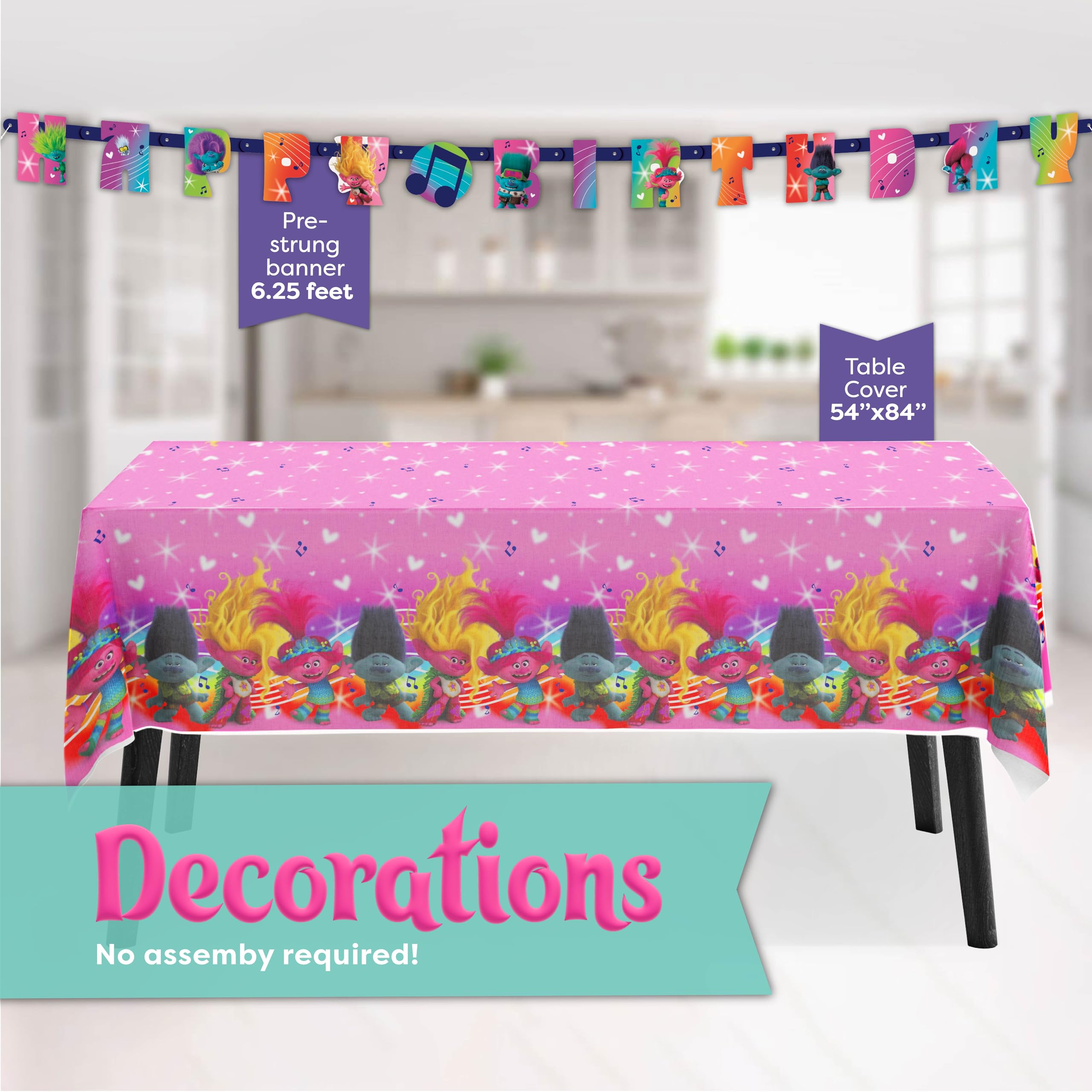 Troll Birthday Party Decorations | Serves 16 Guests | Banner, Tablecloth, Dinner & Cake Plates, Napkins, Sticker