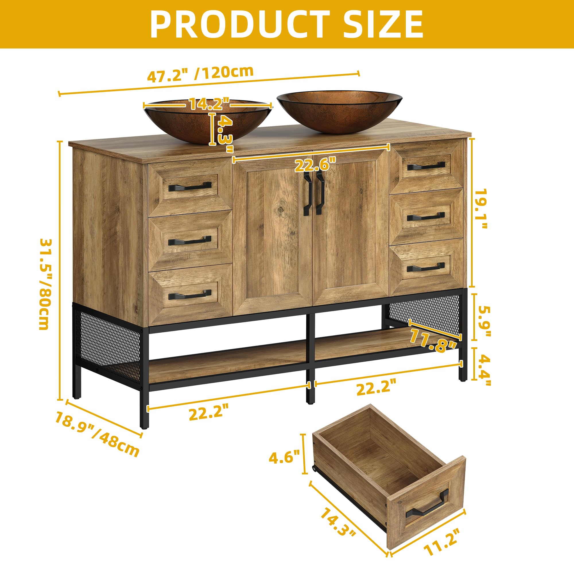 DWVO 48" Double Rustic Bathroom Vanity, Dark Brown Bathroom Vanity with Double Sink and Drawers Side Cabinet Combo Set & Shelf, Iron Wood Bathroom Cabinet with Boat Tempered Glass Vessel Sink