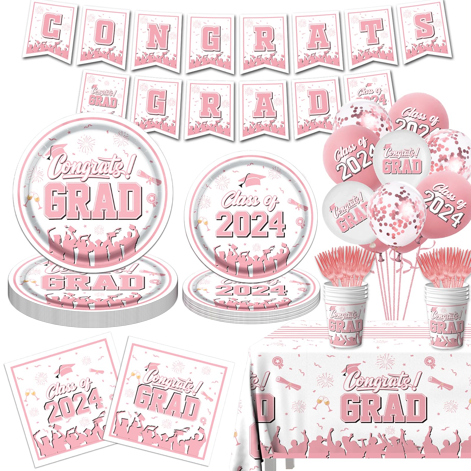 Graduation Party Supplies, 2024 Graduation Party Dinnerware Set, Congrats Grad Plates Napkins Cups Tablecloth Banner Balloons for Class of 2024 Graduation Decorations Supplies (Rose Pink)