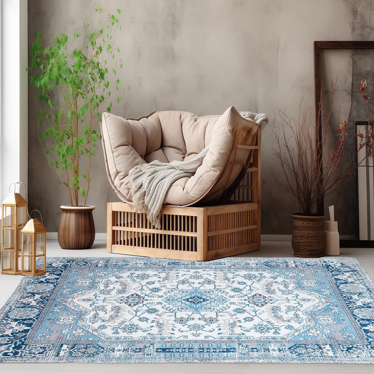 Area Rug 5x7 Washable Boho Vintage Rug with Non Slip Backing Soft Low-Pile Carpet Foldable Mat for Living Room Bedroom Dining Office, Light Blue/White