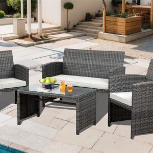 JAMFLY 4 Piece Patio Furniture Set, Outdoor Furniture Set Patio Wicker Conversation Set with Cushions and Tempered Glass Tabletop for Lawn Backyard Pool Garden