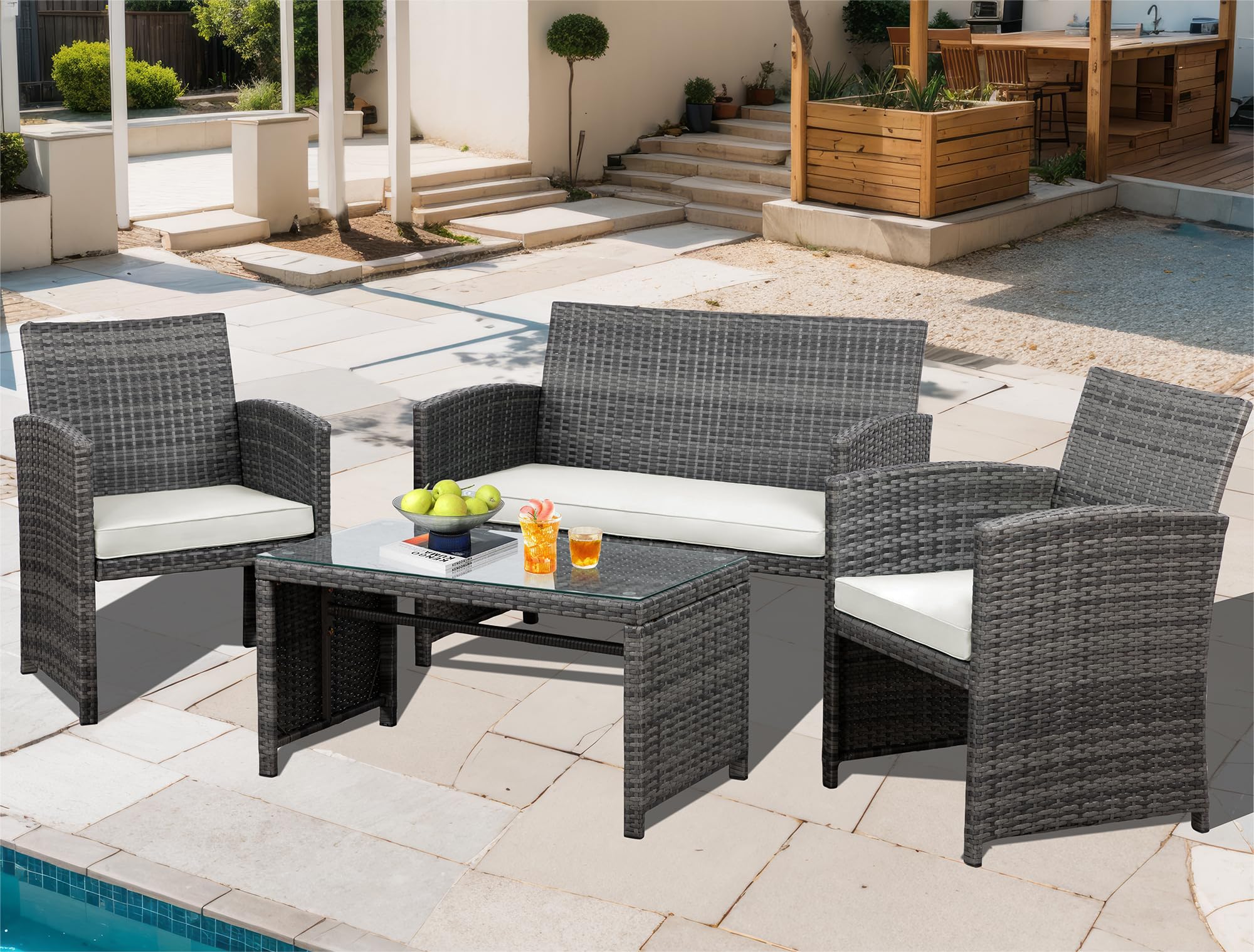 JAMFLY 4 Piece Patio Furniture Set, Outdoor Furniture Set Patio Wicker Conversation Set with Cushions and Tempered Glass Tabletop for Lawn Backyard Pool Garden