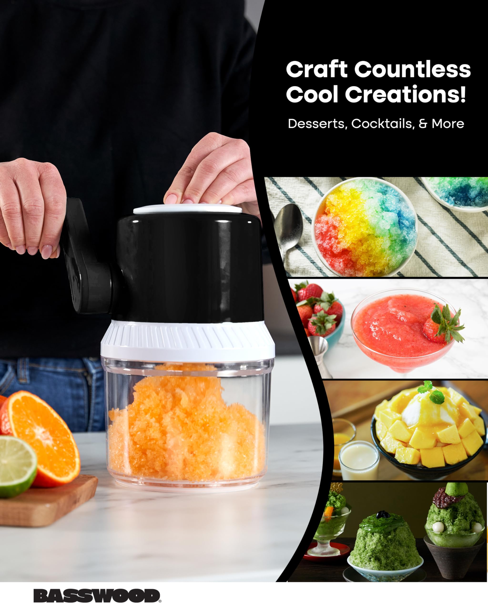 Manual Ice Shaver - Snow Cone Machine with Ice Cube Tray, Stainless Steel Blades, & Large Container - Portable Crushed Ice Machine for Home - Shaved Ice Maker Kit for Kids Snowcones, Slushies & More