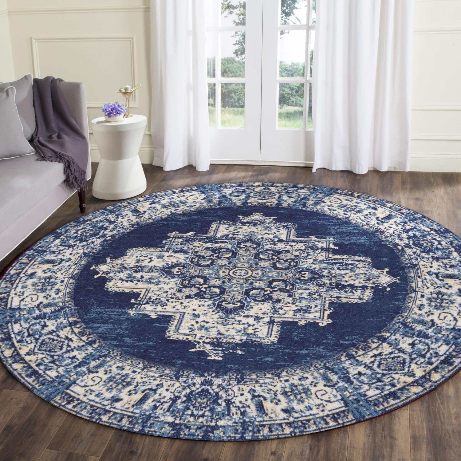 vivorug Washable Rug, Ultra Soft - 4' Round Rug - Non Slip, Stain Resistant Area Rugs for Living Room Bedroom, Vintage Inspired (Grey/Medallion, 4 Round)