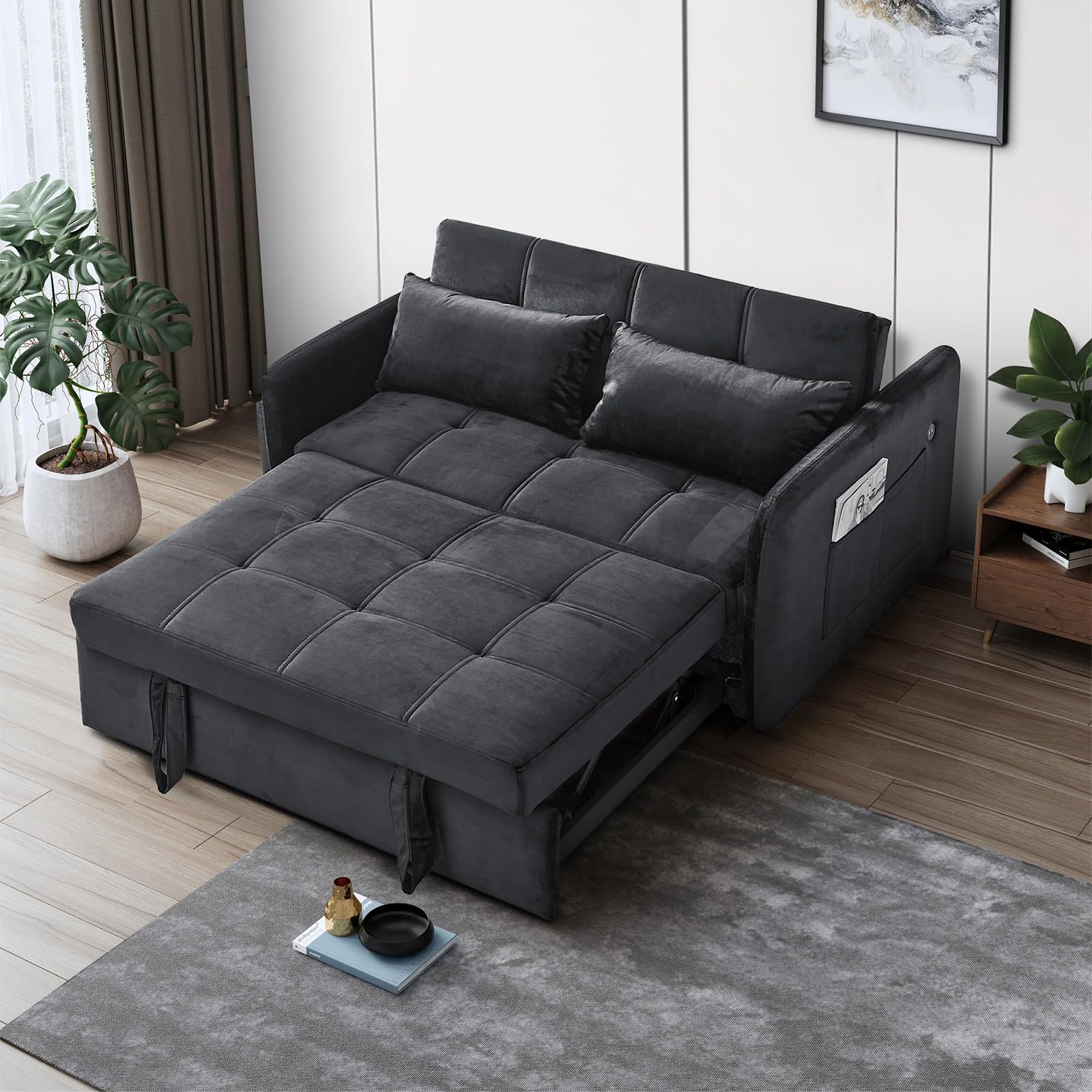 KINFFICT Velvet Pull Out Sleeper Sofa Bed with USB Ports, Convertible Futon Couch with Adjustable Backrest, 3 in 1 Modern Loveseat with 2 Pockets and Pillows, Small Love Seat for Living Room, Black