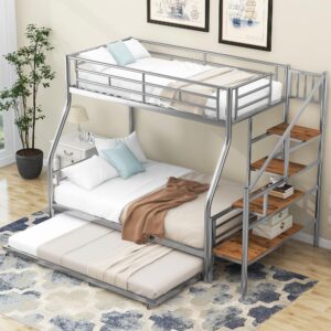 Bellemave Twin Over Full Metal Bunk Beds with Trundle and Storage Staircase,Heavy-Duty Metal Bunk Bed Frame for Kids,Teens,Adults，Space-Saving,Silver