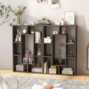 Tangkula 35.5” Geometric Bookshelf, Freestanding Wood Open Bookcase with 7 Cubes, Anti-Toppling Devices, Home Office Décor Rectangular Storage Shelf Display Rack for Study Living Room (1, Gray)