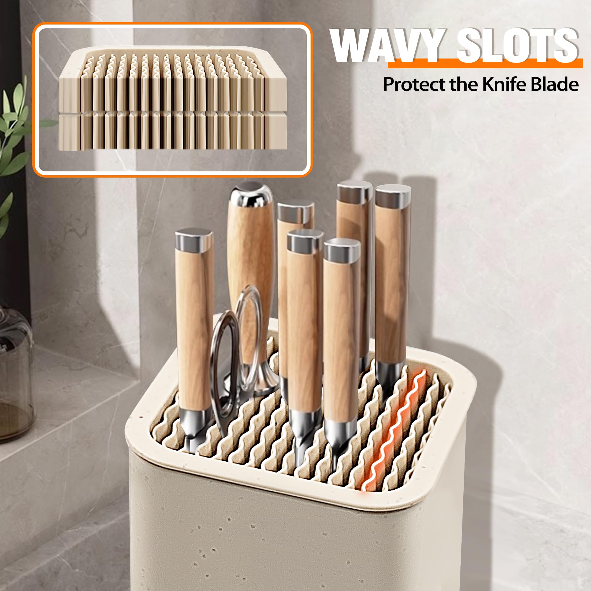 NEWE Knife Block Holder without Knives, Universal Kitchen Storage Stand with Wavy Slots to Protect Blades, Small Space-Saving Knife Organizer for Countertop, Detachable for Easy Cleaning