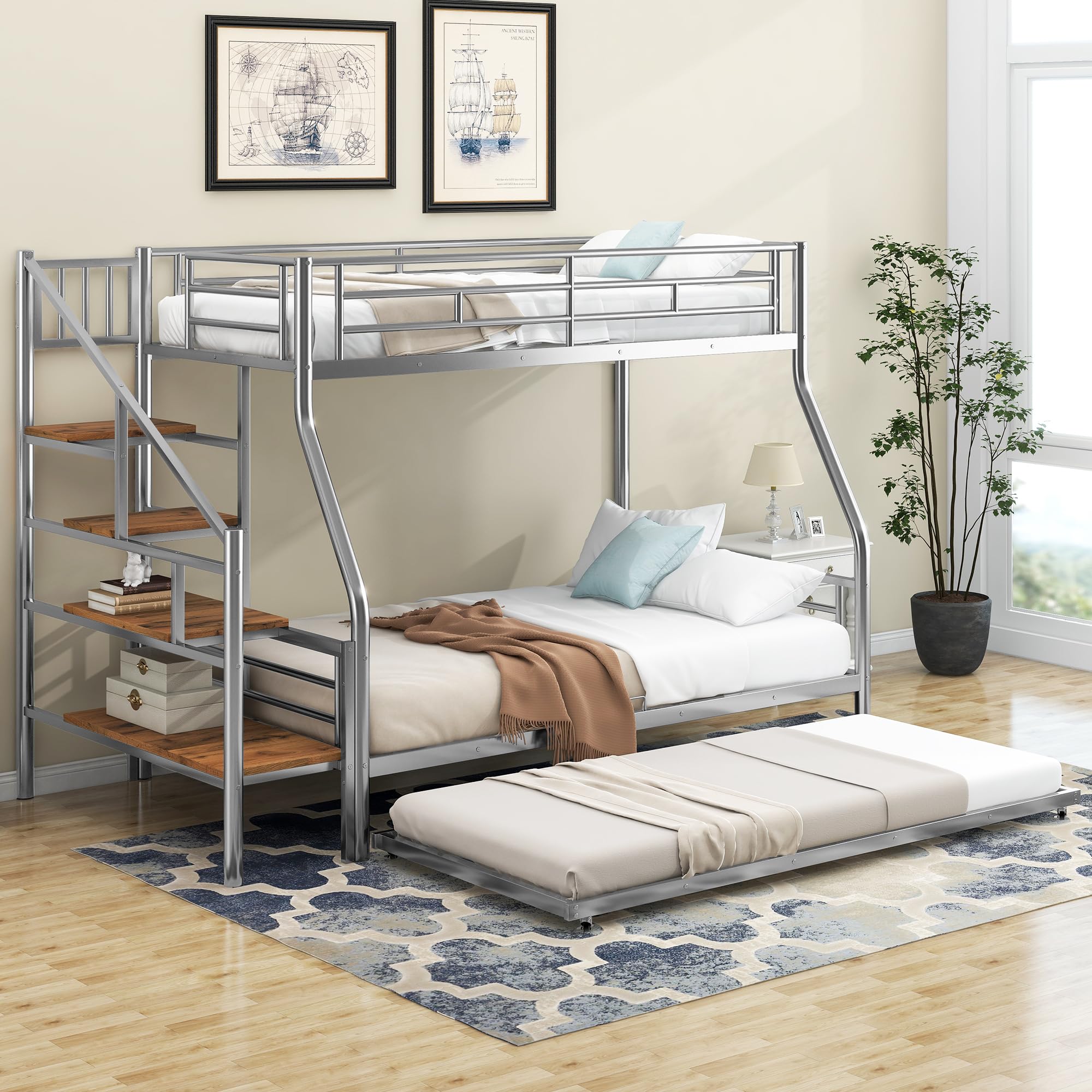 Bellemave Twin Over Full Metal Bunk Beds with Trundle and Storage Staircase,Heavy-Duty Metal Bunk Bed Frame for Kids,Teens,Adults，Space-Saving,Silver