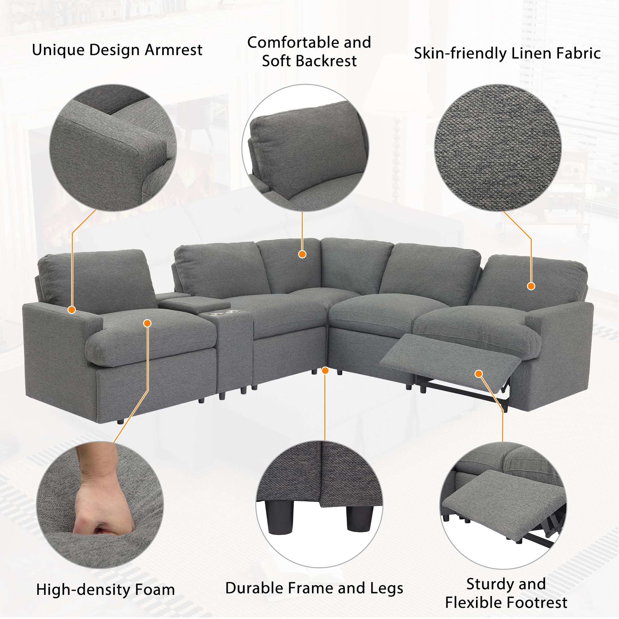 Bellemave Power Recliner Corner Sofa L-Shape Sectional Sofa Home Theater Reclining Sofa Modern 5-Seater Couch with Storage Box, Cup Holders, USB Ports and Power Socket for Living Room (Dark Grey)