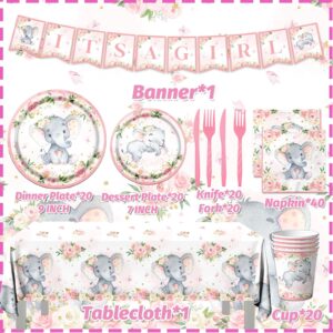 142Pcs Pink Elephant Baby Shower Decorations for Girl It's A Girl Plates and Napkins Set with Cups Forks Tablecloth and Banner Baby Girl Gender Reveal Decorations Pink Baby Shower Party Supplies