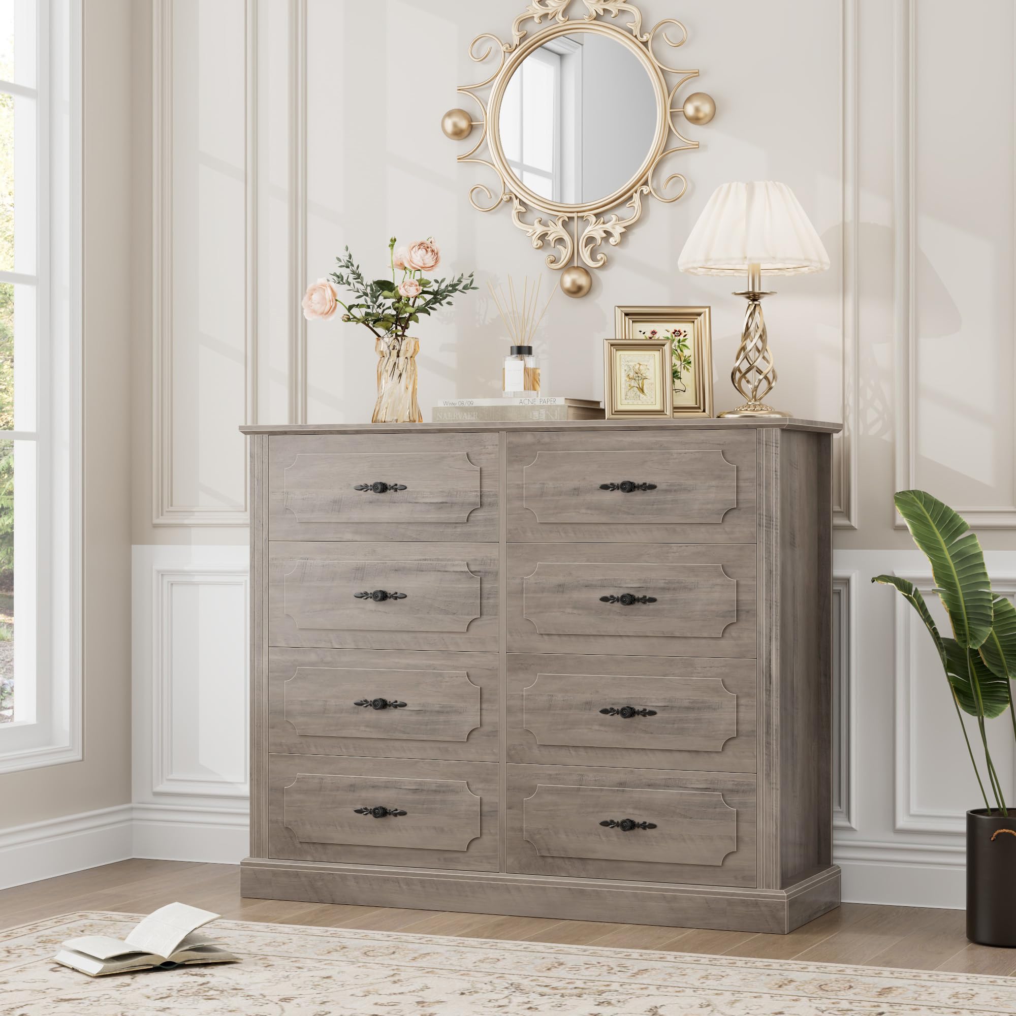 FINETONES Grey Dresser Chest of Drawers, 47.2” Farmhouse Dresser Wood Dresser 8 Drawer Dresser with Steel Handles, Modern Dresser Drawers Floor Storage Cabinet for Living Room Hallway Office