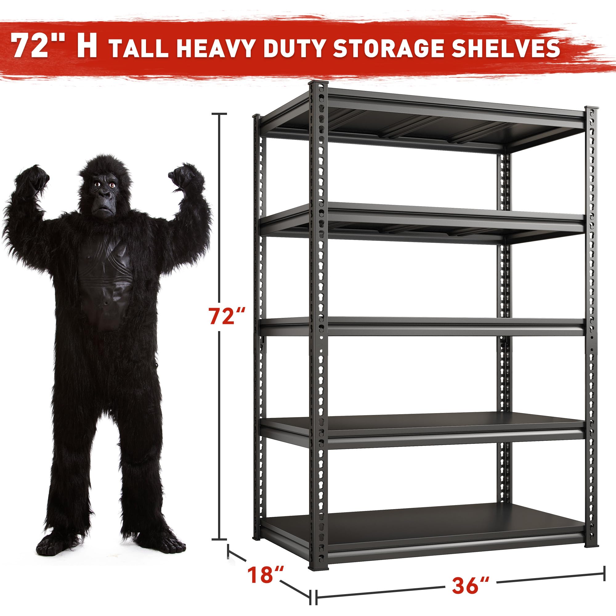 REIBII 72" H Garage Shelving Sturdy Garage Storage Shelves Heavy Duty Shelving 5-Tier Adjustable Garage Shelves Load 2500 Lbs Metal Shelves for Storage Garage Shelf 2 Pack, 72" H x36 W x18 D