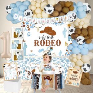 YJDFWAUT Cowboy 1st Birthday Party Decorations, My First Rodeo Birthday Party Supplies, Cowboy 1st Birthday Balloon Arch Balloon Box Photo Banner Highchair Banner Crown foy Baby Boy 1st Birthday