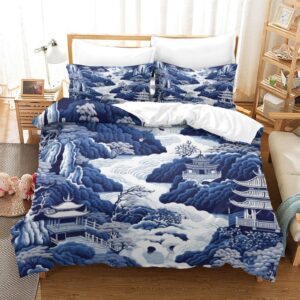 houkig chinoiserie blue bedding set 3d printed comforter covers duvet cover quilt cover with pillowcases 3 pieces microfiber for childrens and adults with zipper closure queen（228x228cm）