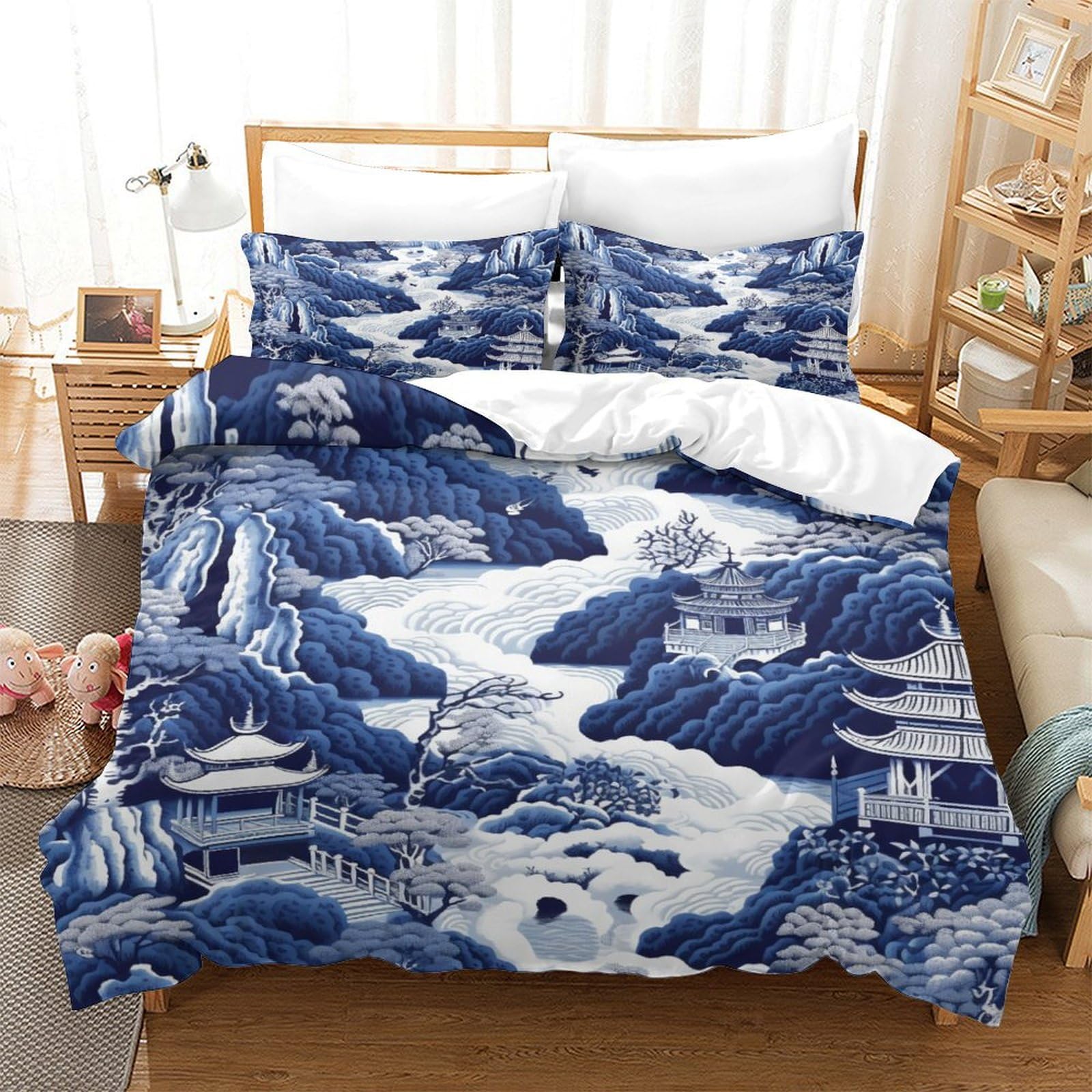 HOUKIG Chinoiserie Blue Bedding Set 3D Printed Comforter Covers Duvet Cover Quilt Cover with Pillowcases 3 Pieces Microfiber for Childrens and Adults with Zipper Closure Queen（228x228cm）