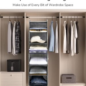 ULG 1 PC Hanging Closet Organizer, 3-in-1 to 6-in-1 Reversible Closet Hanging Shelves with 6 Side Pockets for Wardrobe Clothes Sweater Storage, Foldable, Dark Gray