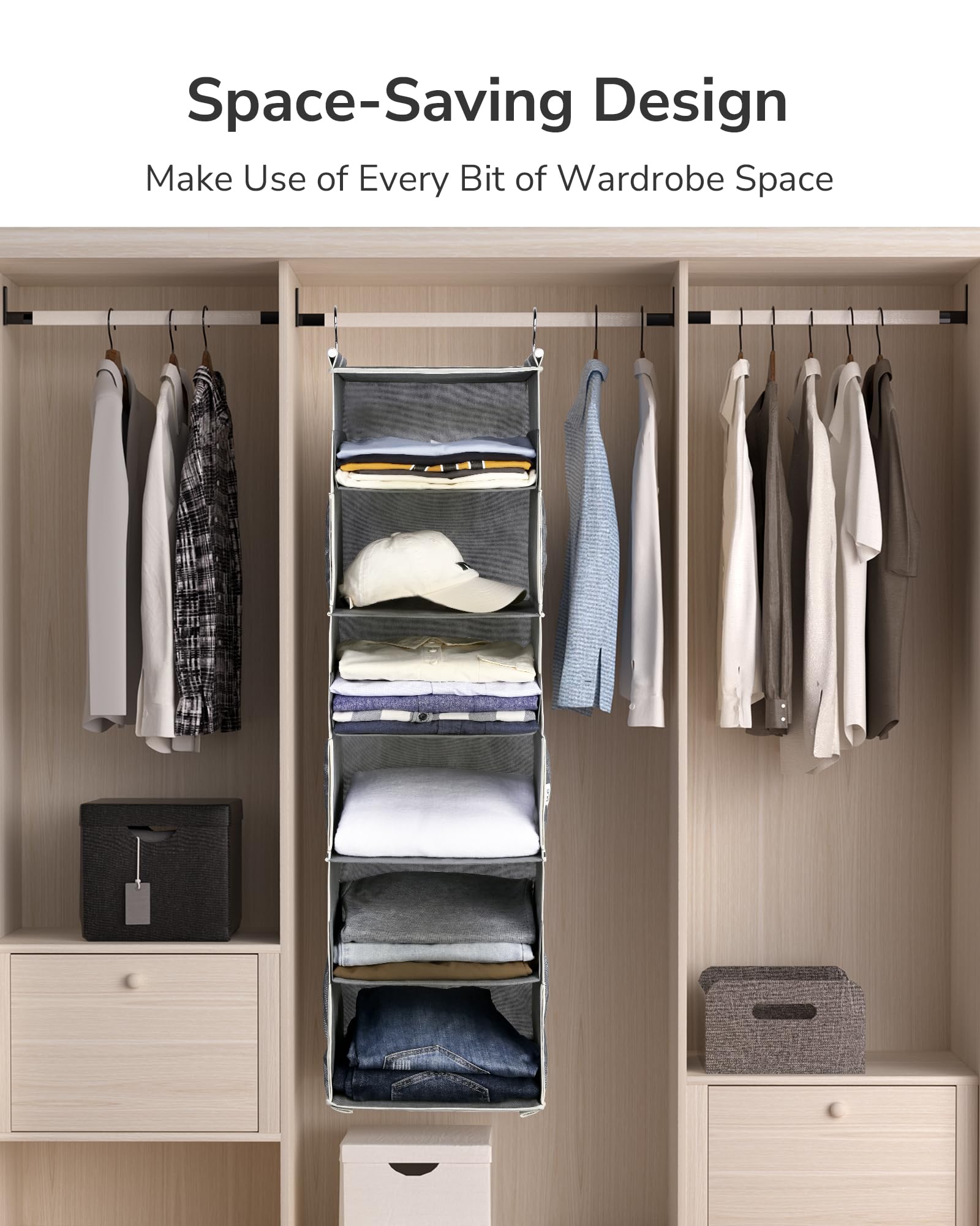 ULG 1 PC Hanging Closet Organizer, 3-in-1 to 6-in-1 Reversible Closet Hanging Shelves with 6 Side Pockets for Wardrobe Clothes Sweater Storage, Foldable, Dark Gray