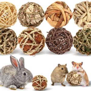 VESPRO Bunny Chew Grass Balls, Rolling Chew Toys for Small Animals, Natural Chew Grass Toys and Bunny Treats for Rabbits, Guinea Pigs, Chinchillas, Hamsters, Mice Teeth Grinding (8 Pcs)