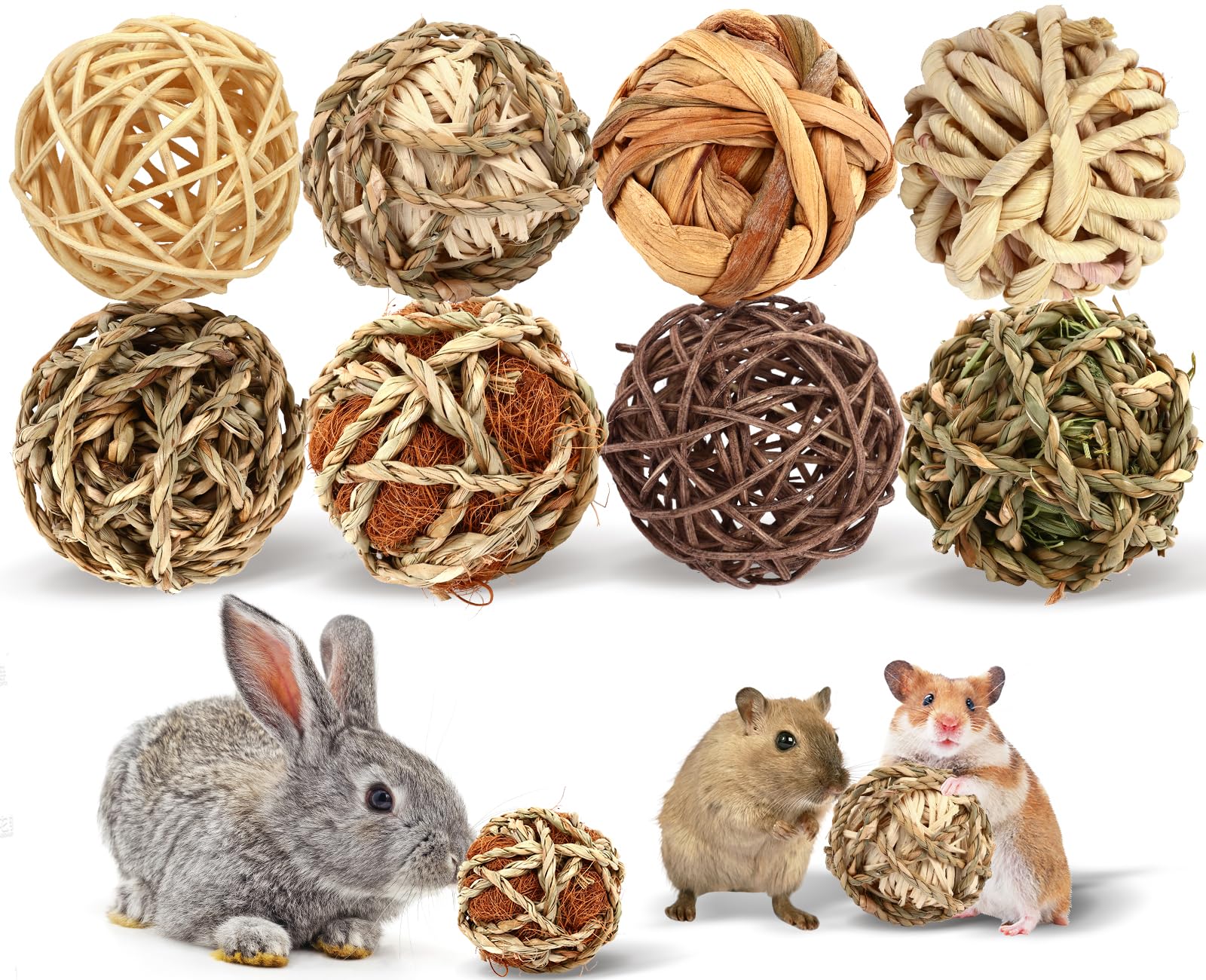 VESPRO Bunny Chew Grass Balls, Rolling Chew Toys for Small Animals, Natural Chew Grass Toys and Bunny Treats for Rabbits, Guinea Pigs, Chinchillas, Hamsters, Mice Teeth Grinding (8 Pcs)