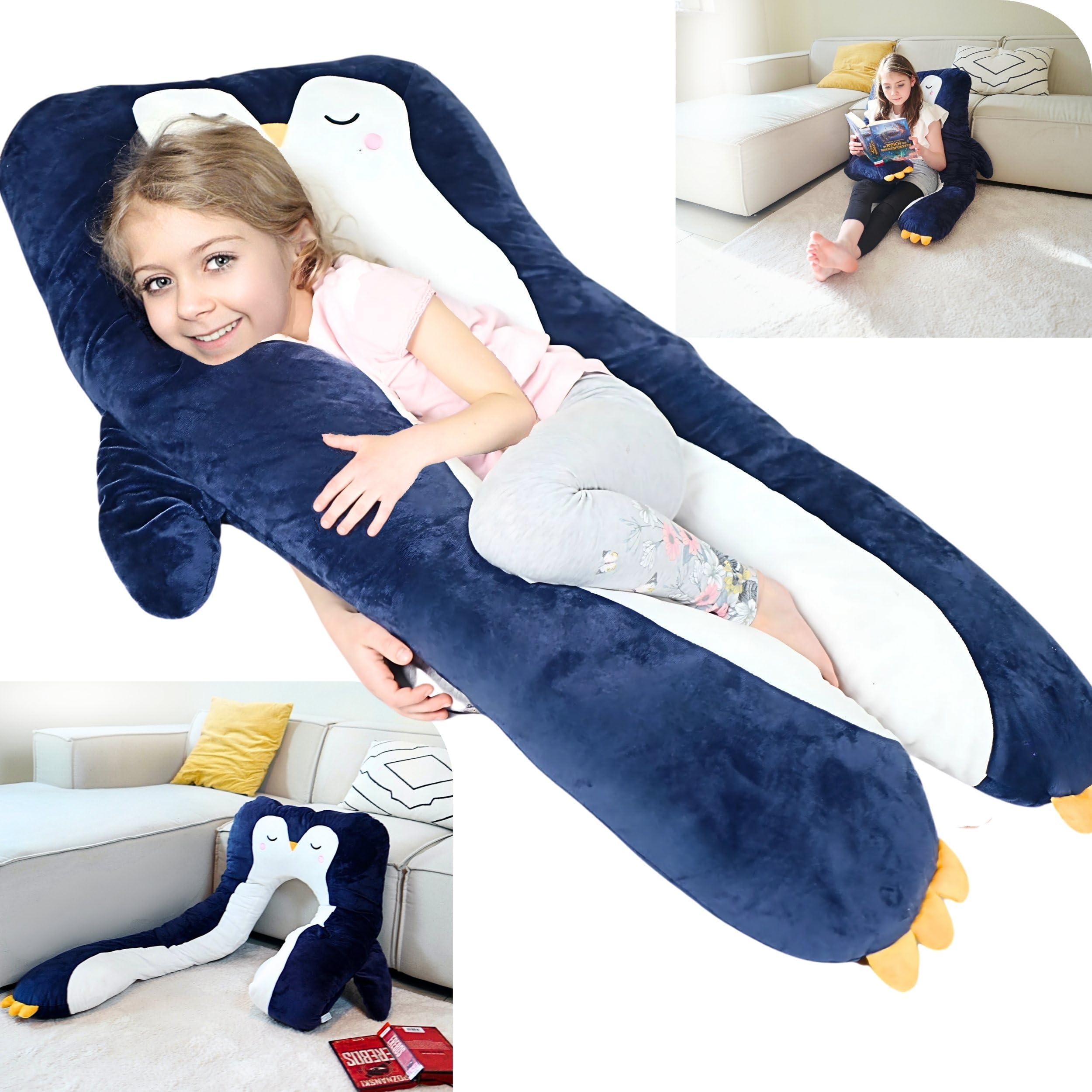 Penguin Kids Body Pillow - 47" U-Shape Long Plush Animal Pillow for toddlers, Sleeping, Reading, ADHD & Special Needs Comfort, Anxiety, Washable Cover, Snuggle Fun Cuddle Pillow for Boys & Girls