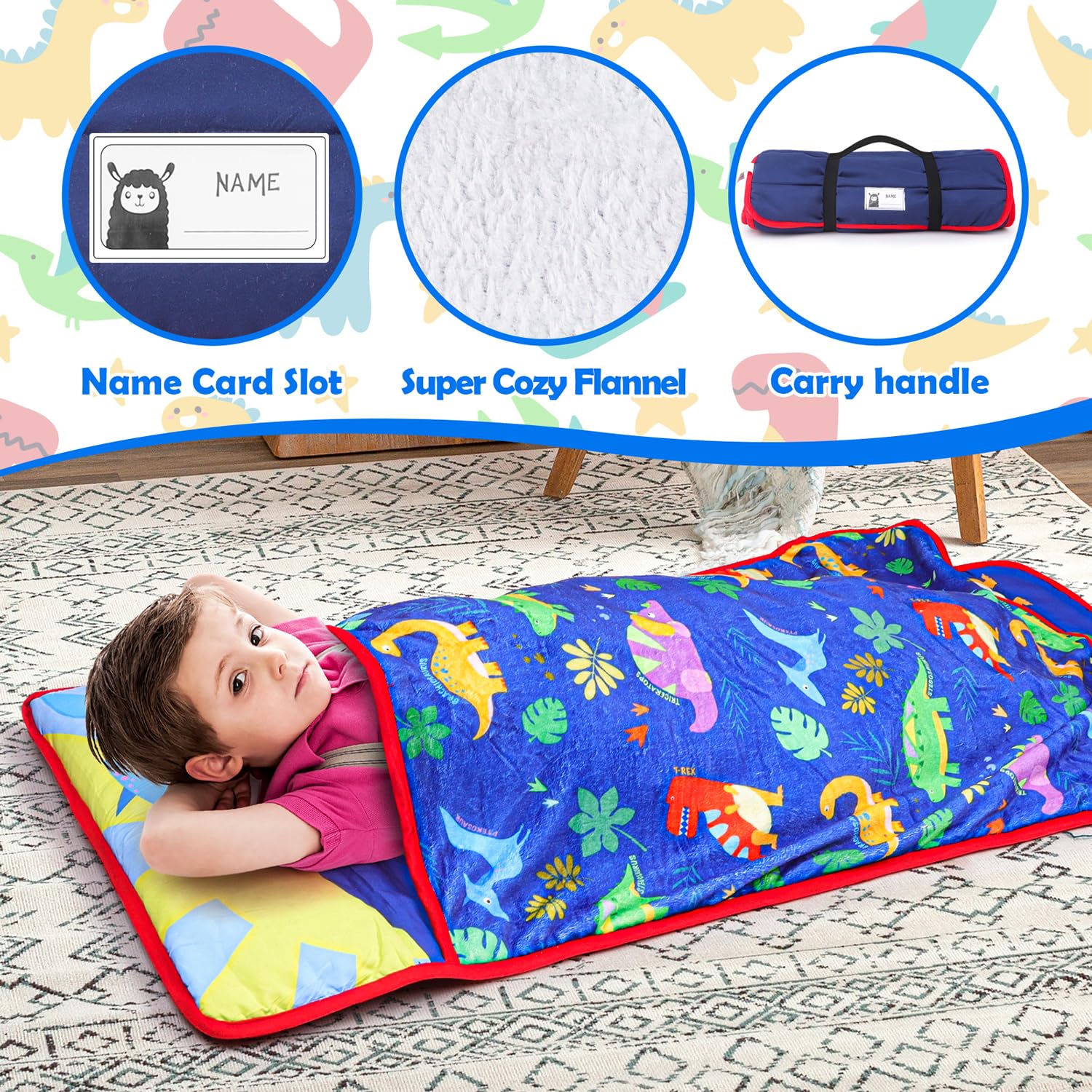 TANOSHII Kids Nap Mat Set 53”x21” – Includes Pillow and Fleece Blanket – Daycare and Preschool Must Haves for Toddlers – Dinosaur Pattern