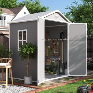 udpatio outdoor resin storage shed 6x4.5 ft, plastic garden shed for bike, garbage can, tool, outside sheds & outdoor storage storage box with lockable door for backyard, patio, lawn, grey & white