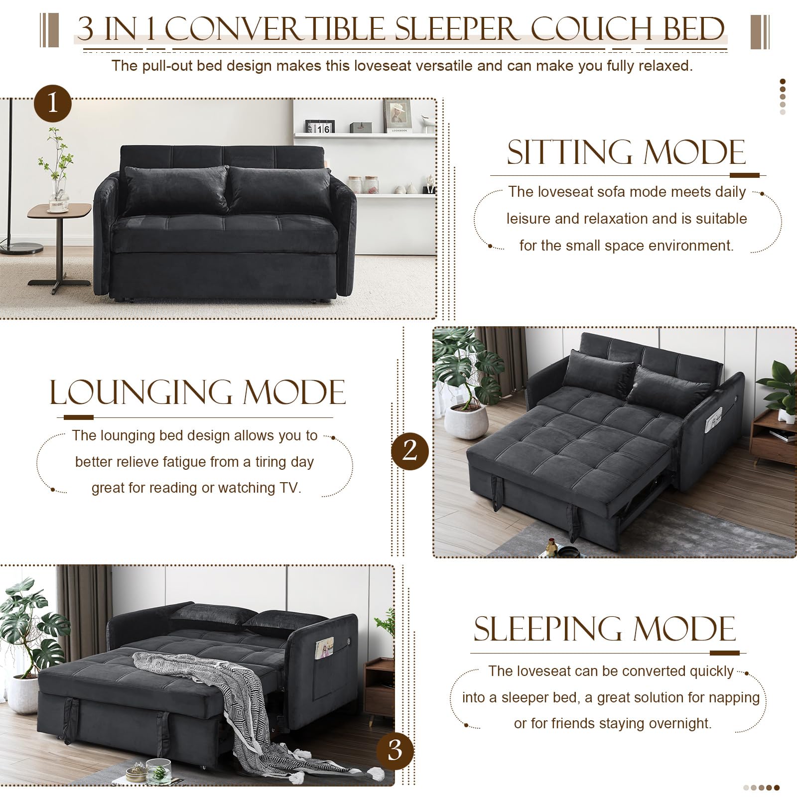 KINFFICT Velvet Pull Out Sleeper Sofa Bed with USB Ports, Convertible Futon Couch with Adjustable Backrest, 3 in 1 Modern Loveseat with 2 Pockets and Pillows, Small Love Seat for Living Room, Black