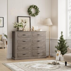 FINETONES Grey Dresser Chest of Drawers, 47.2” Farmhouse Dresser Wood Dresser 8 Drawer Dresser with Steel Handles, Modern Dresser Drawers Floor Storage Cabinet for Living Room Hallway Office