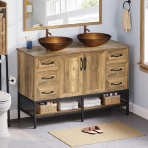 DWVO 48" Double Rustic Bathroom Vanity, Dark Brown Bathroom Vanity with Double Sink and Drawers Side Cabinet Combo Set & Shelf, Iron Wood Bathroom Cabinet with Boat Tempered Glass Vessel Sink