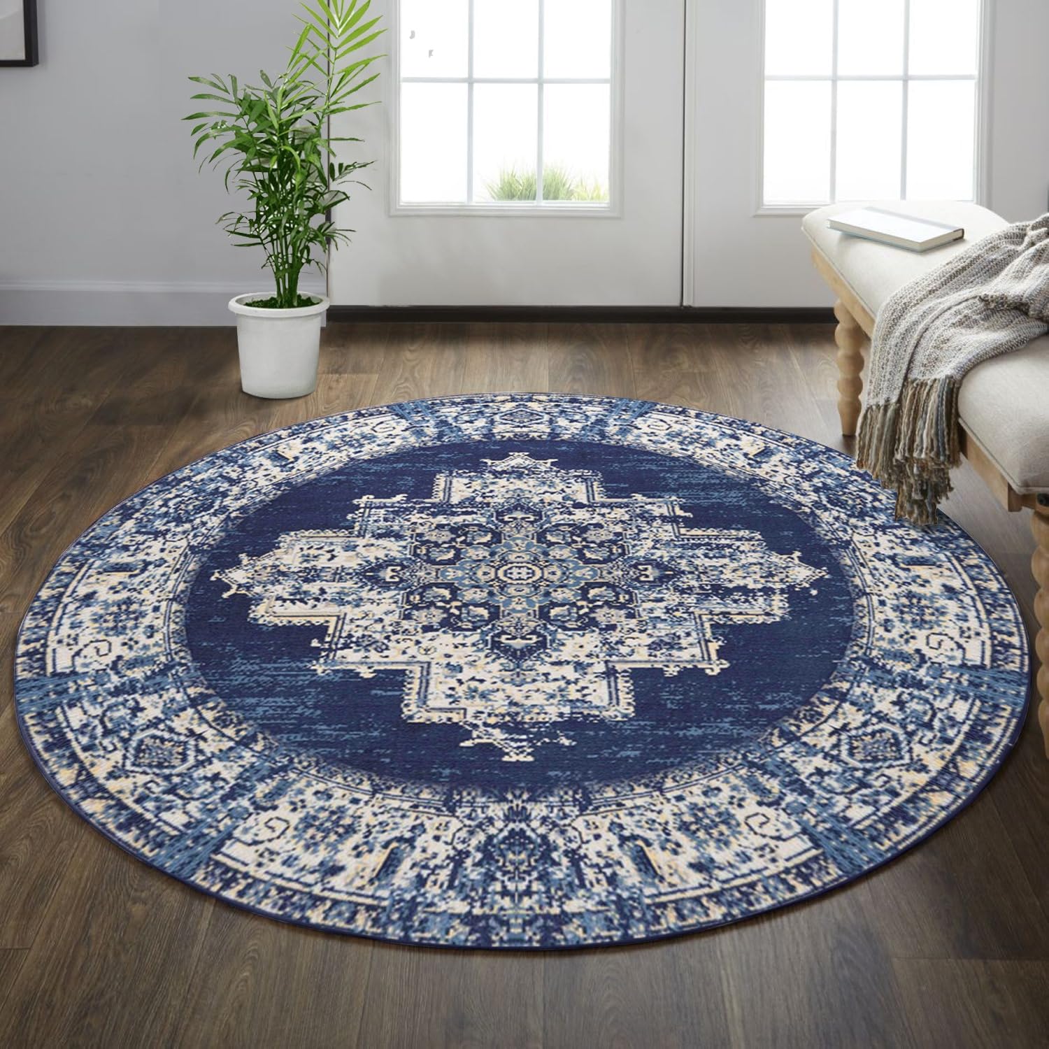 vivorug Washable Rug, Ultra Soft - 4' Round Rug - Non Slip, Stain Resistant Area Rugs for Living Room Bedroom, Vintage Inspired (Grey/Medallion, 4 Round)