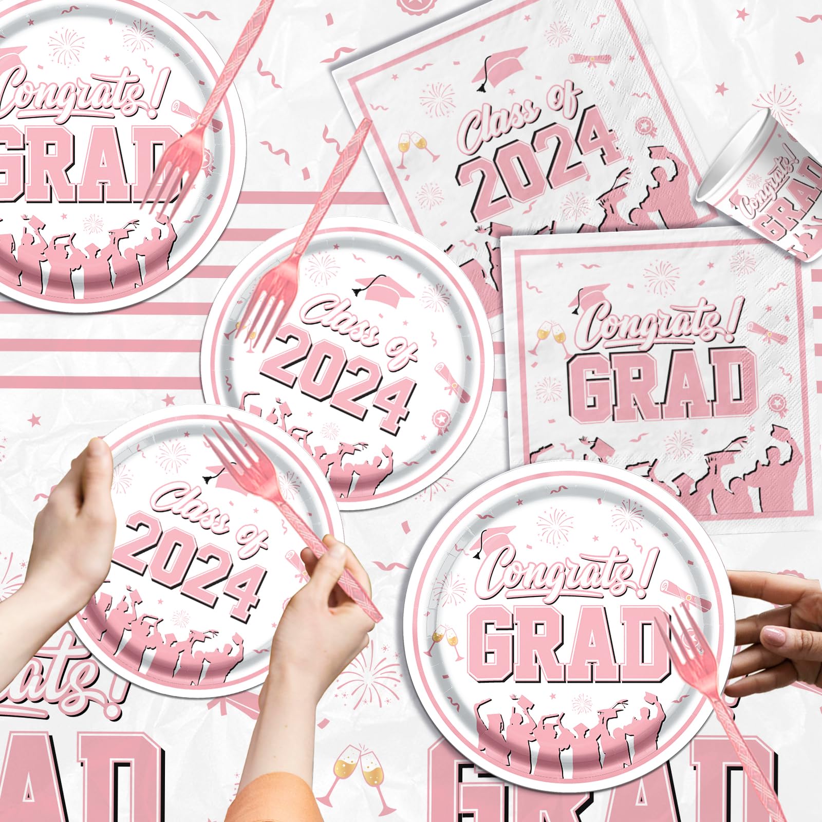 Graduation Party Supplies, 2024 Graduation Party Dinnerware Set, Congrats Grad Plates Napkins Cups Tablecloth Banner Balloons for Class of 2024 Graduation Decorations Supplies (Rose Pink)