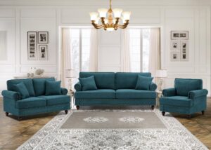 jeeohey 3 piece living room furniture sets,comfy upholstered sofa couch set,including armchair&loveseat&3 seater sofa,modern deep seat juegos de muebles de sala with rolled arms & nailhead trim(green)