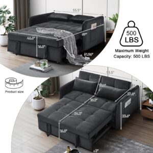 KINFFICT Velvet Pull Out Sleeper Sofa Bed with USB Ports, Convertible Futon Couch with Adjustable Backrest, 3 in 1 Modern Loveseat with 2 Pockets and Pillows, Small Love Seat for Living Room, Black