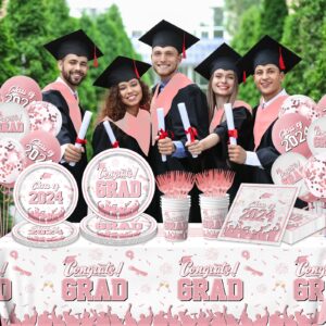 Graduation Party Supplies, 2024 Graduation Party Dinnerware Set, Congrats Grad Plates Napkins Cups Tablecloth Banner Balloons for Class of 2024 Graduation Decorations Supplies (Rose Pink)