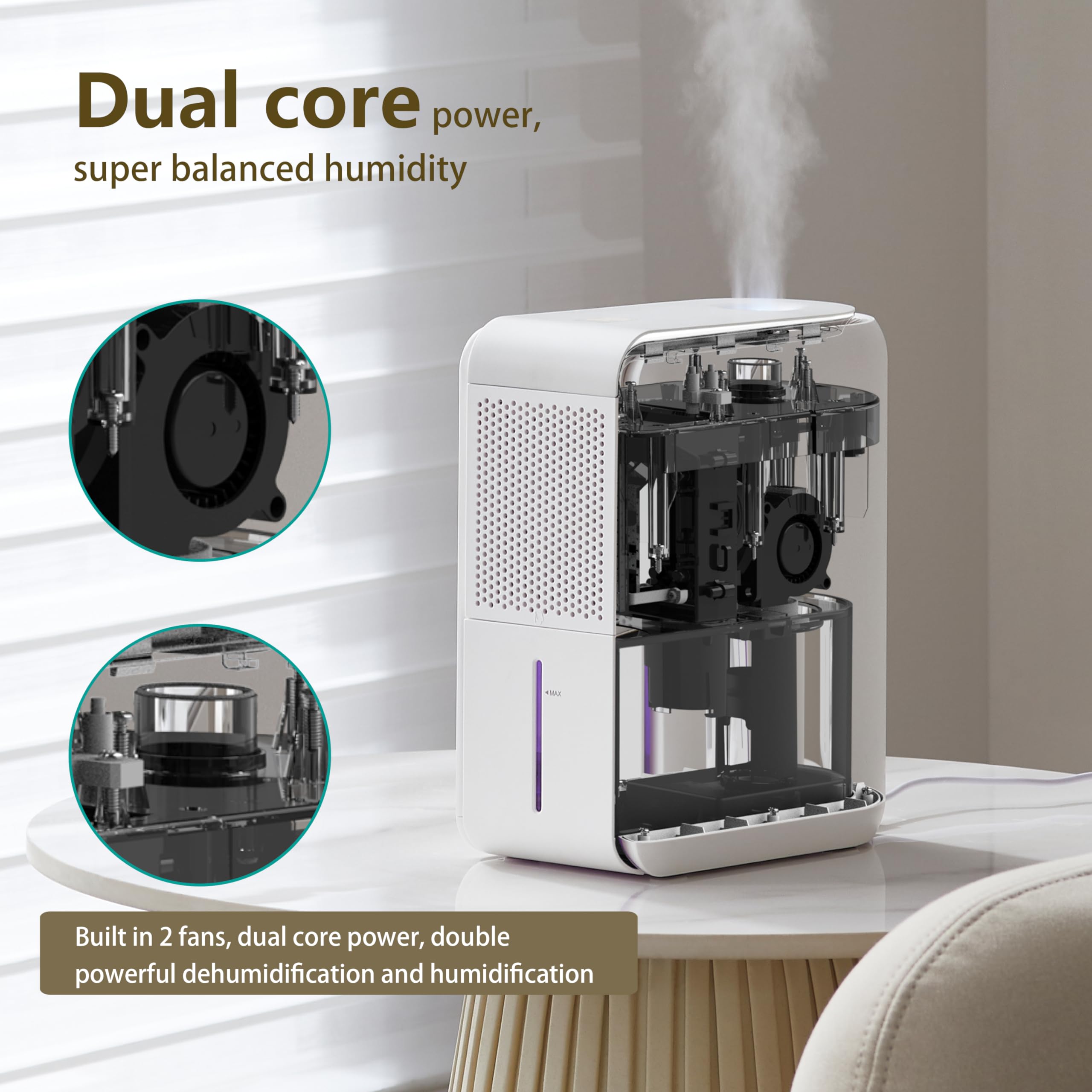 DINZAN 3 In 1 Humidifier Dehumidifier Combo With Air Filtration, Humidifiers Dehumidifier For Home Bedroom With Drain Hose Humidity and Temperature Display,5 Modes,7 Color LED Lights,Timer Set