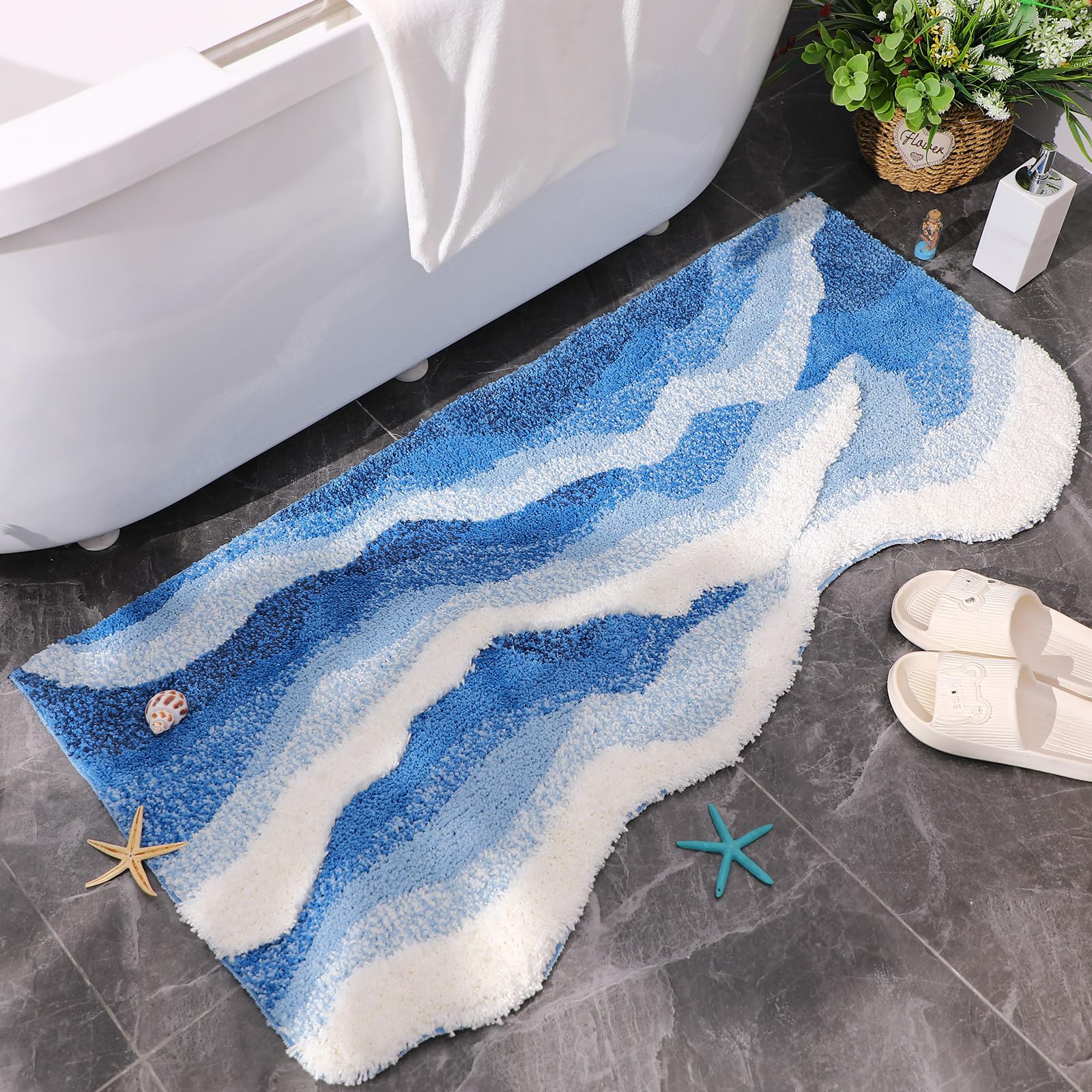 Tinideya Blue Wave Rug 47 x 24 Inch Tufted Ocean Waves Area Rug Ocean Rug with Nonslip Backing Coastal Bathroom Rugs Washable 3D Waves Bath Mats for Home Living Room Bathroom Bedroom Kitchen Decor