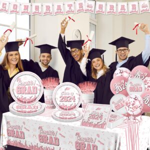 Graduation Party Supplies, 2024 Graduation Party Dinnerware Set, Congrats Grad Plates Napkins Cups Tablecloth Banner Balloons for Class of 2024 Graduation Decorations Supplies (Rose Pink)