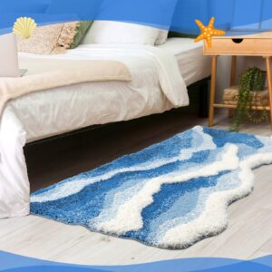 Tinideya Blue Wave Rug 47 x 24 Inch Tufted Ocean Waves Area Rug Ocean Rug with Nonslip Backing Coastal Bathroom Rugs Washable 3D Waves Bath Mats for Home Living Room Bathroom Bedroom Kitchen Decor