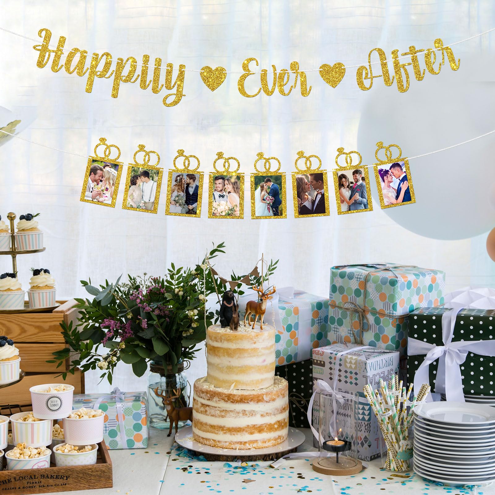 WeBenison Happily Ever After Photo Banner Wedding Decor Banner with Photo Frame Bridal Shower Bunting Decorations Bachelorette Party Picture Banner Gold Glitter