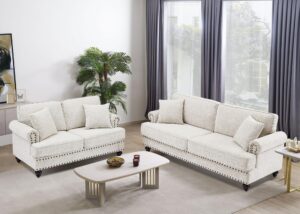 jeeohey 2 piece living room furniture sets,comfy sofa couch set,including loveseat&3 seater sofa,upholstered deep seat sofa,modern juegos de muebles de sala with rolled arms & nailhead trim(white)