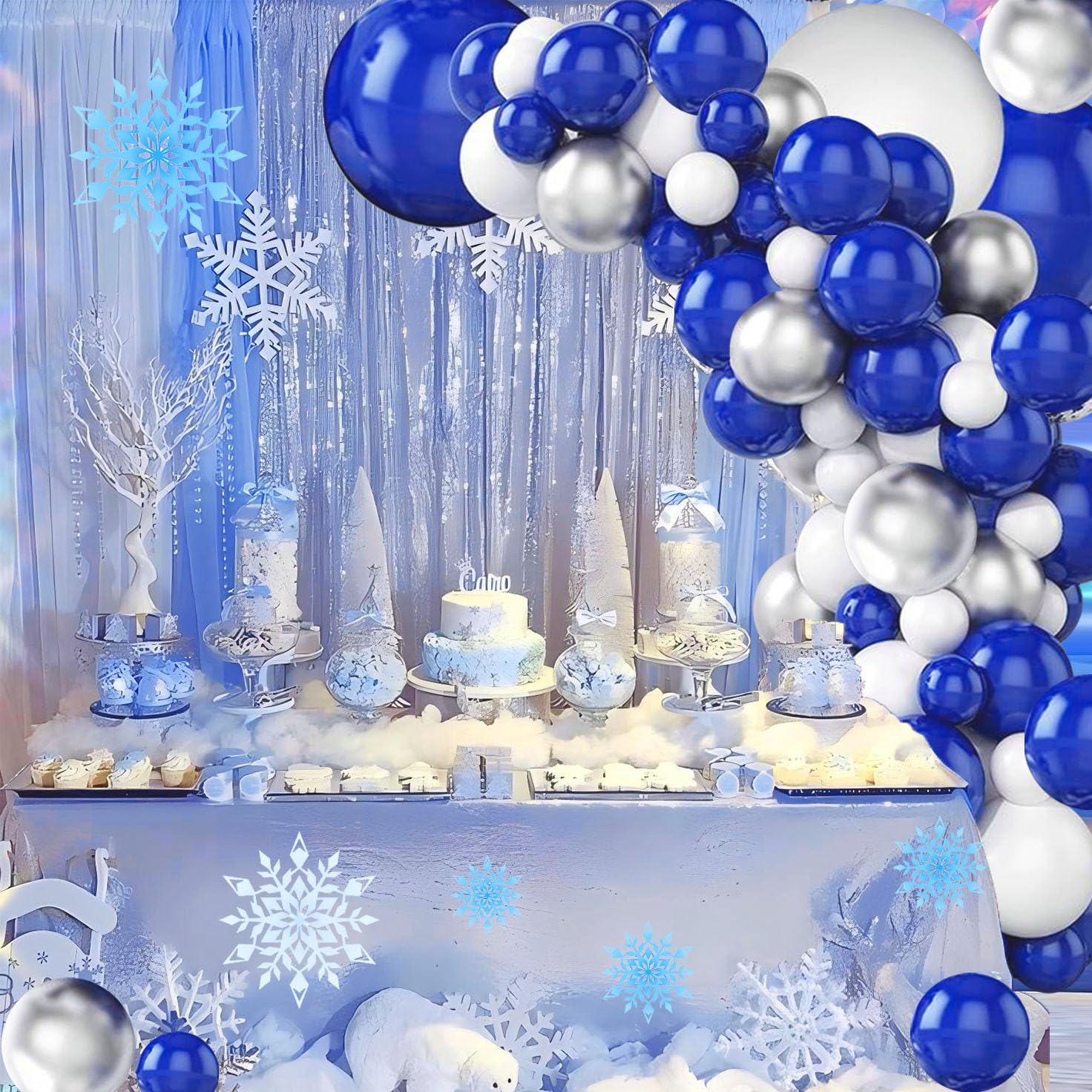 INFLORAL Winter Christmas Wonderland Party Royal Blue Silver and White Balloon Arch Kit Latex Balloon Garland Kit for Birthday Baby Shower Father's Day Graduation Party and Theme Party