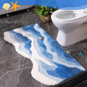 Tinideya Blue Wave Rug 47 x 24 Inch Tufted Ocean Waves Area Rug Ocean Rug with Nonslip Backing Coastal Bathroom Rugs Washable 3D Waves Bath Mats for Home Living Room Bathroom Bedroom Kitchen Decor