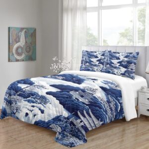 HOUKIG Chinoiserie Blue Bedding Set 3D Printed Comforter Covers Duvet Cover Quilt Cover with Pillowcases 3 Pieces Microfiber for Childrens and Adults with Zipper Closure Queen（228x228cm）