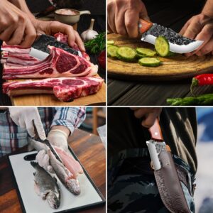 VARLEA 3 Piexcs Hand forged chef's knife kitchen knife set, with Solid Wood Handle & leather Knife Sheath. Suitable for Outdoor camping BBQ, Meat Cleaver Knife,Kitchen tool,