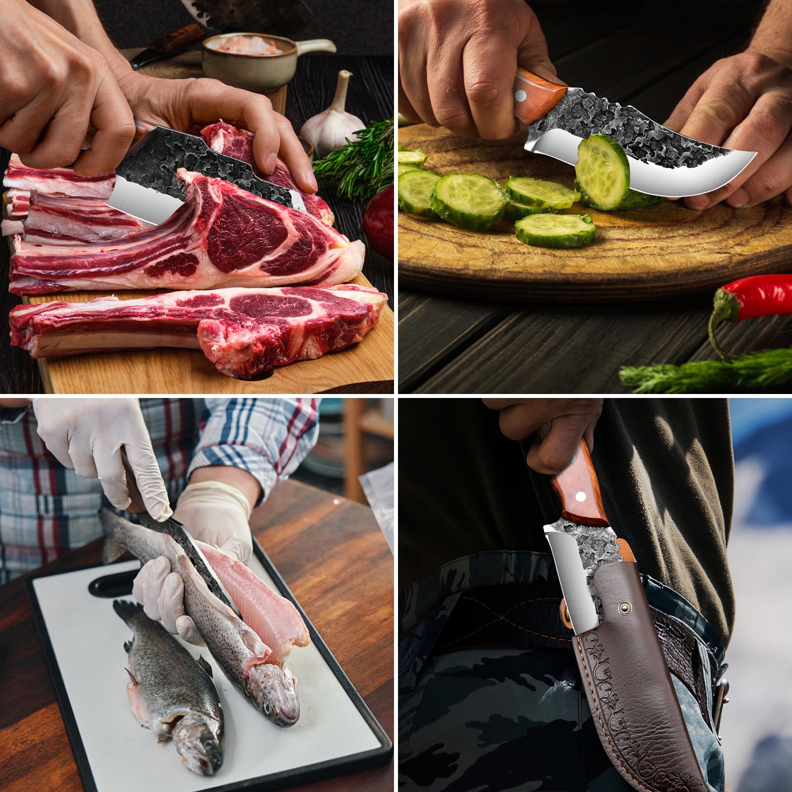 VARLEA 3 Piexcs Hand forged chef's knife kitchen knife set, with Solid Wood Handle & leather Knife Sheath. Suitable for Outdoor camping BBQ, Meat Cleaver Knife,Kitchen tool,