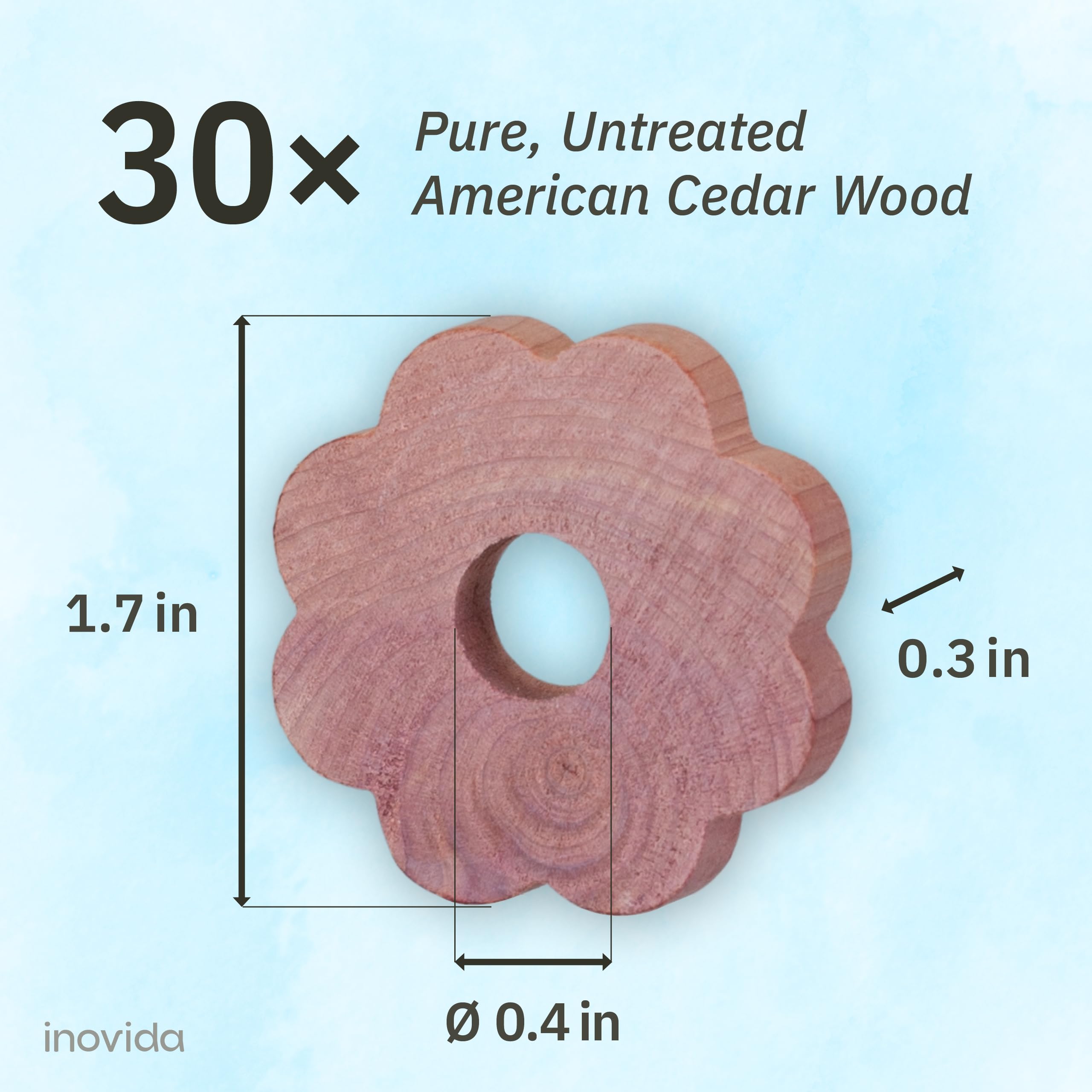 Inovida 30 American Cedar Wood Rings – Stop Clothes Damage - Wardrobe Freshener – Premium American Cedarwood Flowers for Fresh Scent in Drawers and Closets - Cedar Clothes Hangers