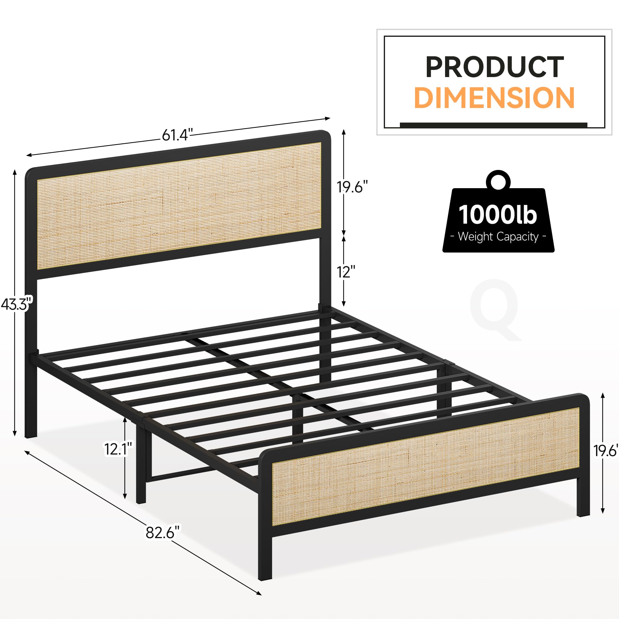 coucheta Queen Rattan Bed Frame, Queen Boho Bed Frame with Curved Natural Rattan Headboard, No Box Spring Needed/Mattress Foundation/Easy Assembly/Metal Slat Support/Bohemian Style