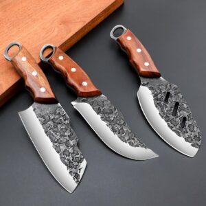 VARLEA 3 Piexcs Hand forged chef's knife kitchen knife set, with Solid Wood Handle & leather Knife Sheath. Suitable for Outdoor camping BBQ, Meat Cleaver Knife,Kitchen tool,